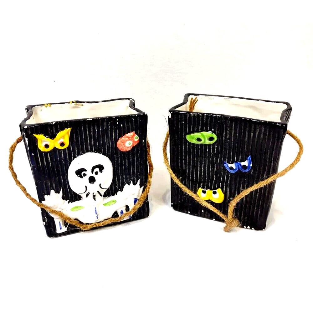 Pair Ceramic Halloween Bags Rope Handle Happy Ghost Bats Jay Imports VTG